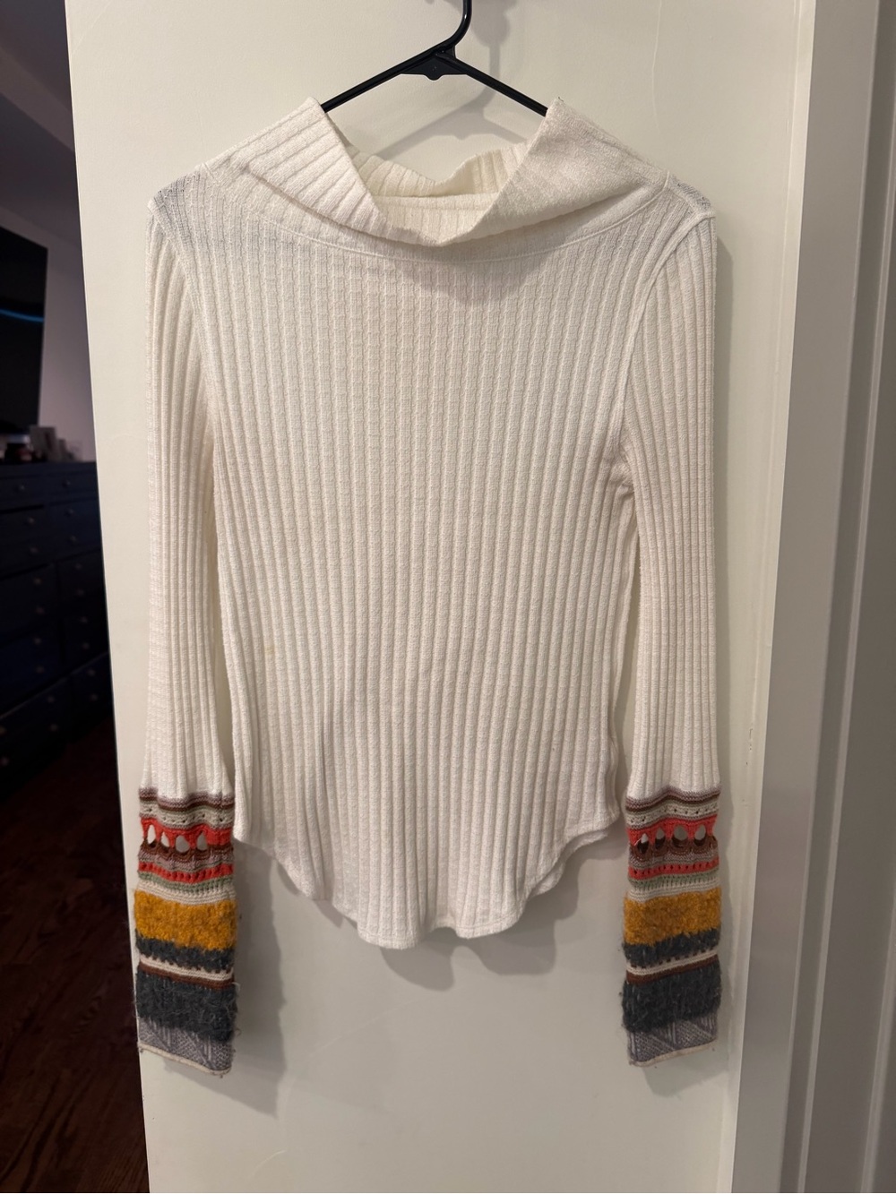 White Ribbed Funnel Neck Free People Sweater with Multicolor Cuff Detail